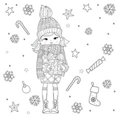 Vector cute girl in winter hat with christmas gift