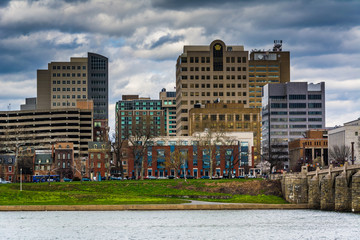 The Susquehanna River and buildings in downtown, in Harrisburg,