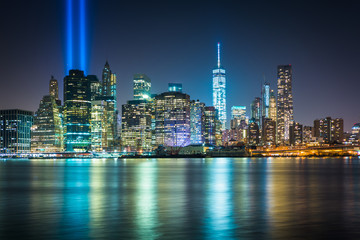 Fototapeta na wymiar The Tribute in Light over the Manhattan Skyline at night, seen f