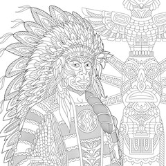 Stylized Native American Indian chief wearing traditional headdress
