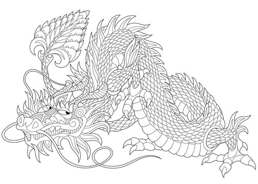 Stylized dragon - symbol of chinese new year, isolated on white background.
Freehand sketch for adult anti stress coloring book page with doodle and zentangle elements.