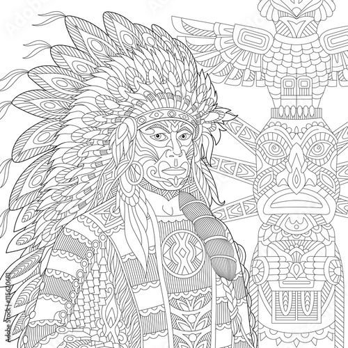 "Stylized red indian chief (redskin man) wearing traditional headdress