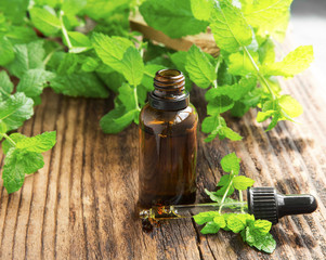 Mint oil/essence in black bottle with mint leaves