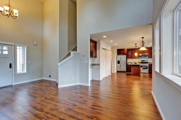 Spacious living room with high vaulted ceiling connected to kitchen