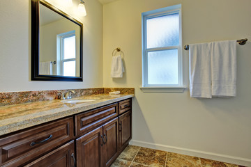 Bathroom vanity cabinet with beige granite top