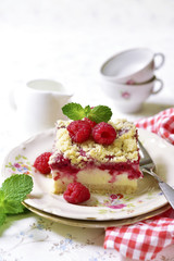 Cake with cottage cheese,raspberry and streusel.