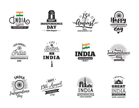 India Independence day, 15th august. Vector emblems.