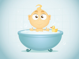 Baby Boy Taking Bath. Vector Illustration.