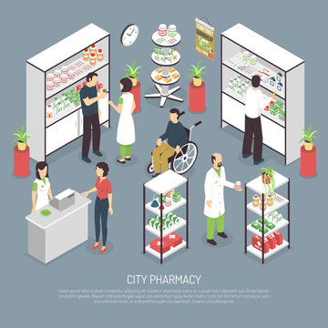 City Pharmacy Interior Isometric Composition Poster 