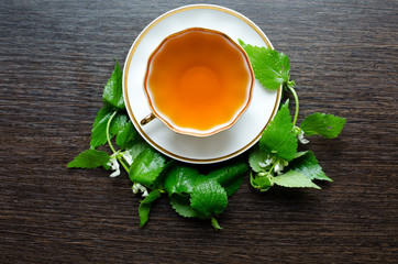 natural herbal anti-inflammatory - organic dead-nettle tea

in a white porcelain сup with fresh green leaves on a dark wooden table, shot at an angle of 90 degrees, for labels, packages, menus, etc