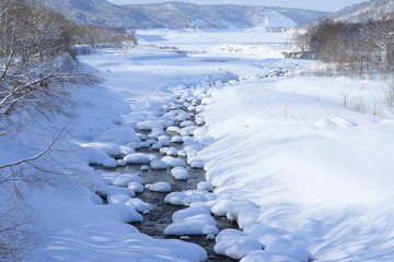 River coverd with snow at Asahikawa, Hokkaido