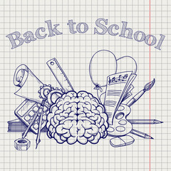 Back to school vector illustration with brain stationery note paper etc on the notebook page