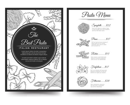 Brochure Flyer Template For Italian Restaurant Menu. Front And Rear Side Vector Illustration