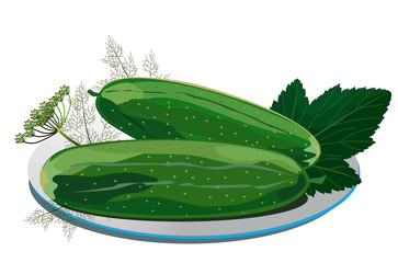 Illustration of pickles on a plate, vector cucumbers