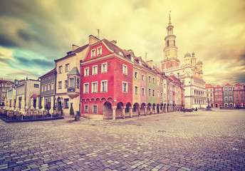 Fototapeta na wymiar Vintage stylized Old Market Square and Town Hall in Poznan, Poland.
