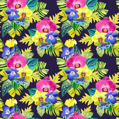 Fototapeta na wymiar Seamless background with watercolor tropical flowers.
