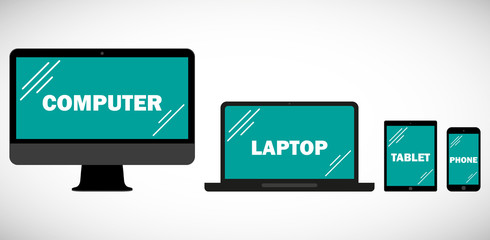 Set of computer monitors, laptop, tablet and mobile phone isolated on white background. Electronic gadgets responsive design for web- computer screen, smartphone, tablet icons set