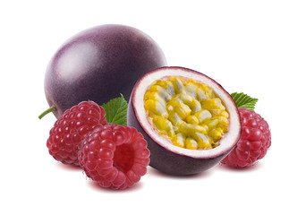 Passion fruit raspberry 3 rich composition isolated on white background as package design element