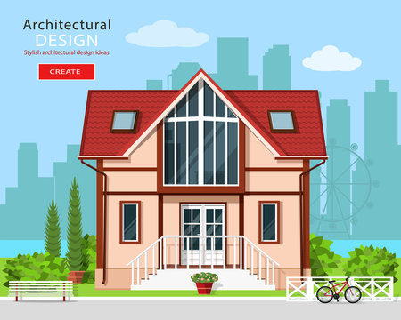Cute modern private house facade design with trees and city skyline background. Stylish detailed building exterior. Front view. Flat style vector illustration.