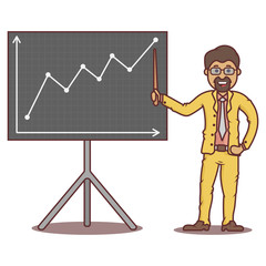 Vector cartoon business man swarthy beside graph.