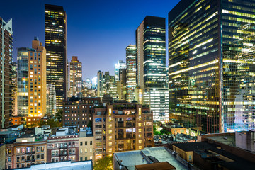 View of buildings in Midtown East at night, in Manhattan, New Yo
