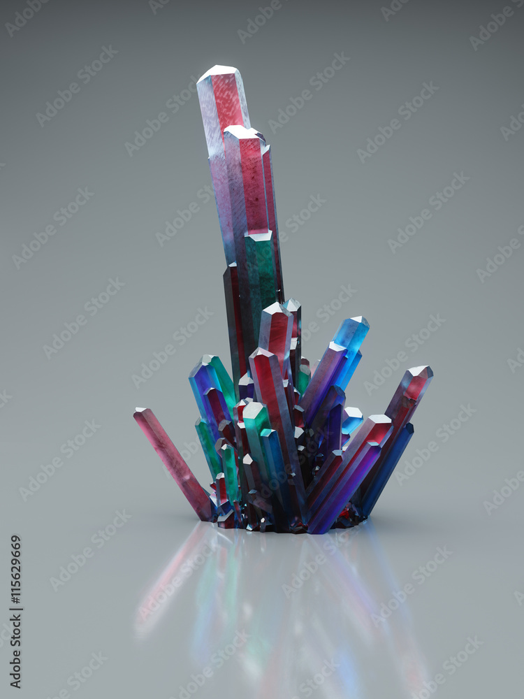 Poster 3d rendering of abstract crystal shape on reflective floor.