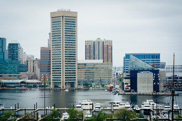 Fototapeta na wymiar View of the Inner Harbor from Federal Hill Park, in Baltimore, M