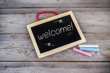 School chalkboard and wooden table