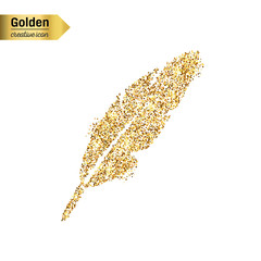 Gold glitter vector icon of goose quill isolated on background. Art creative concept illustration for web, glow light confetti, bright sequins, sparkle tinsel, abstract bling, shimmer dust, foil.