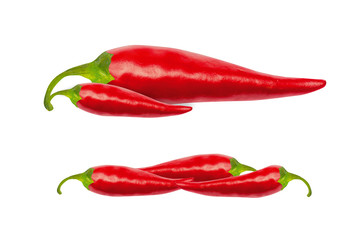Red hot chili peppers with clipping path isolated on white. Red hot chili peppers with work path. Spicy chilli peppers.