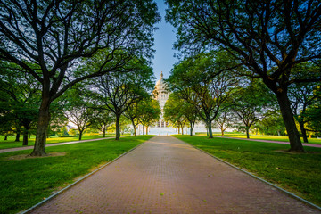 Walkway and trees in front of the Rhode Island State House, in P
