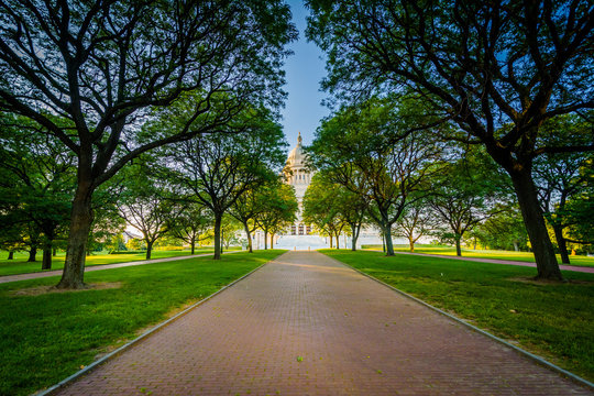 Walkway and trees in front of the Rhode Island State House, in P