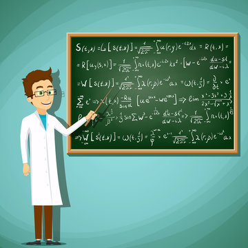 Man in white lab coat standing next to a chalkboard. Mathematica