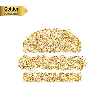 Gold glitter vector icon of hamburger isolated on background. Art creative concept illustration for web, glow light confetti, bright sequins, sparkle tinsel, abstract bling, shimmer dust, foil.