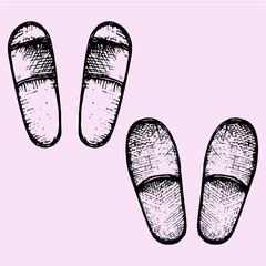 set of the spa, hotel, wellness, home slippers, doodle style, sketch illustration, hand drawn, vector