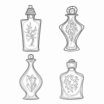 Set of hand-painted decorative bottles. Vector graphics. 
The pattern for the coloring books.