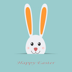 Happy Easter card. White rabbit with text isolated on background