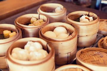 meat or rice balls in wooden containers