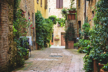 Fototapeta na wymiar Flowery streets on a rainy spring day in a small magical village