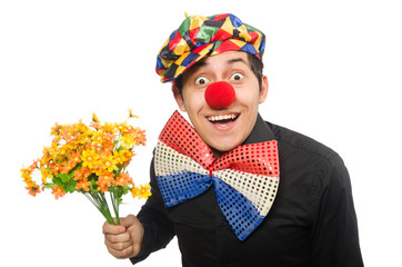 Funny clown with flowers isolated on white
