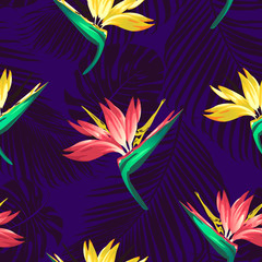 Tropical flowers and palm leaves on background. Seamless. Vector pattern.