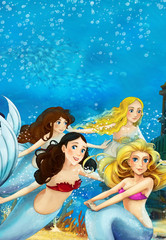 Obraz na płótnie Canvas Cartoon fantasy scene on underwater kingdom - beautiful manga girl - mermaid friends - illustration for children