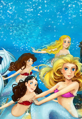 Obraz na płótnie Canvas Cartoon fantasy scene on underwater kingdom - beautiful manga girl - mermaid friends - illustration for children
