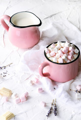 Obraz na płótnie Canvas Homemade white hot chocolate with marshmallow on a light backgro