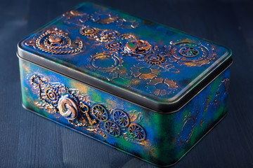 handmade steampunk box with mechanical cogs wheels clockwork