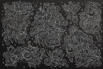 Chalkboard doodle cartoon set of tea objects