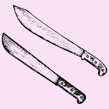 set machete knife doodle style sketch illustration hand drawn vector