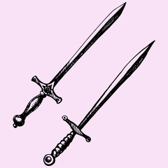 Medieval sword doodle style sketch illustration hand drawn vector