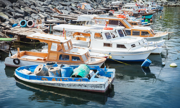 Wooden fishing boats moored in Avcilar port