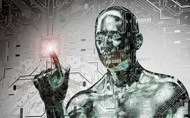 humanoid robot clicking network computer - obrazy, fototapety, plakaty